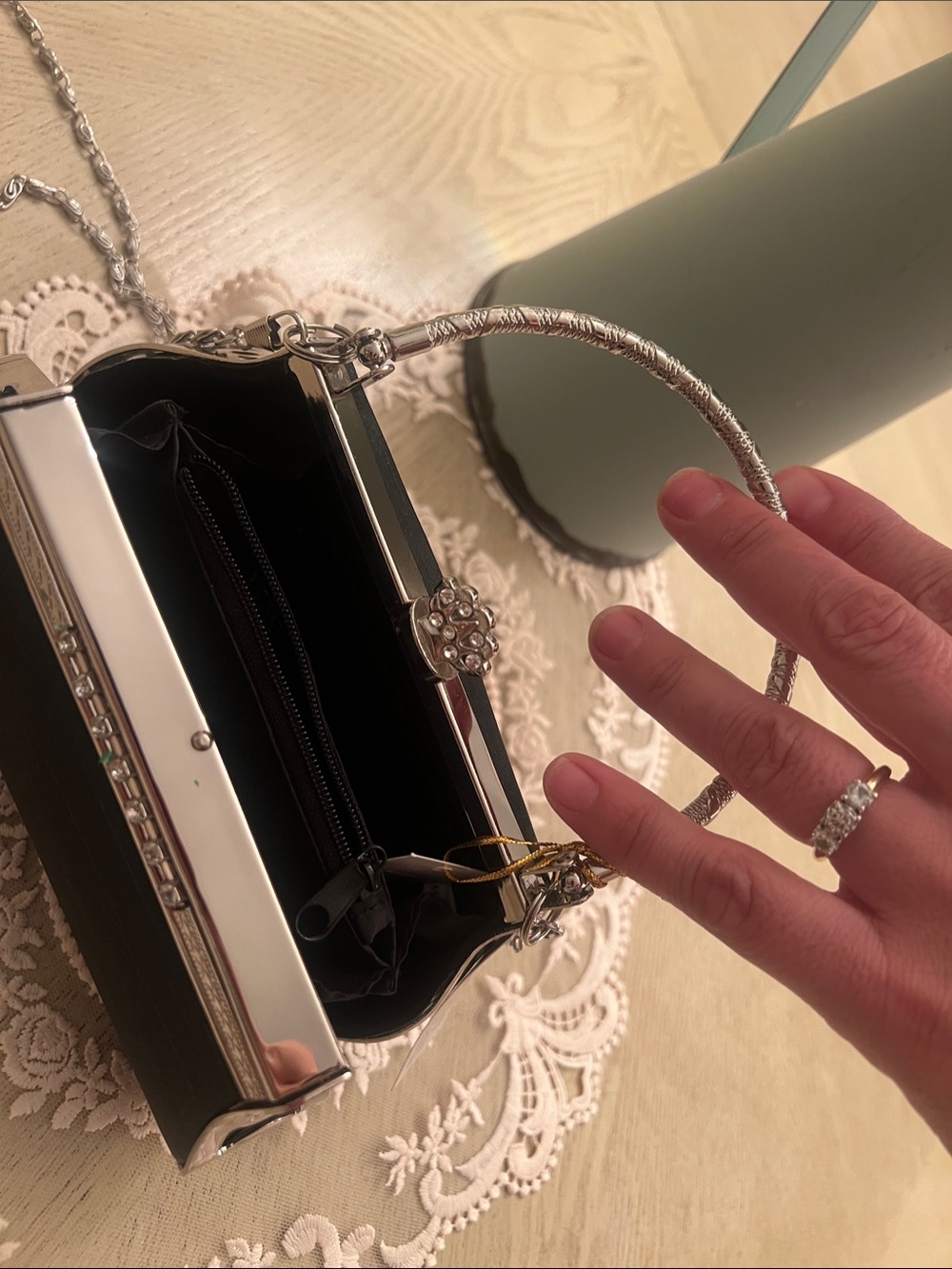 Chic Black Box Clutch with Silver Chain and Top Handle - Picture 3 of 3